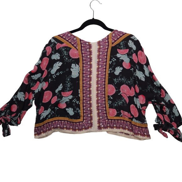 Free People Shirt Women's Small Boho Citrus Tie Sleeve Top Pink Black - Picture 3 of 11